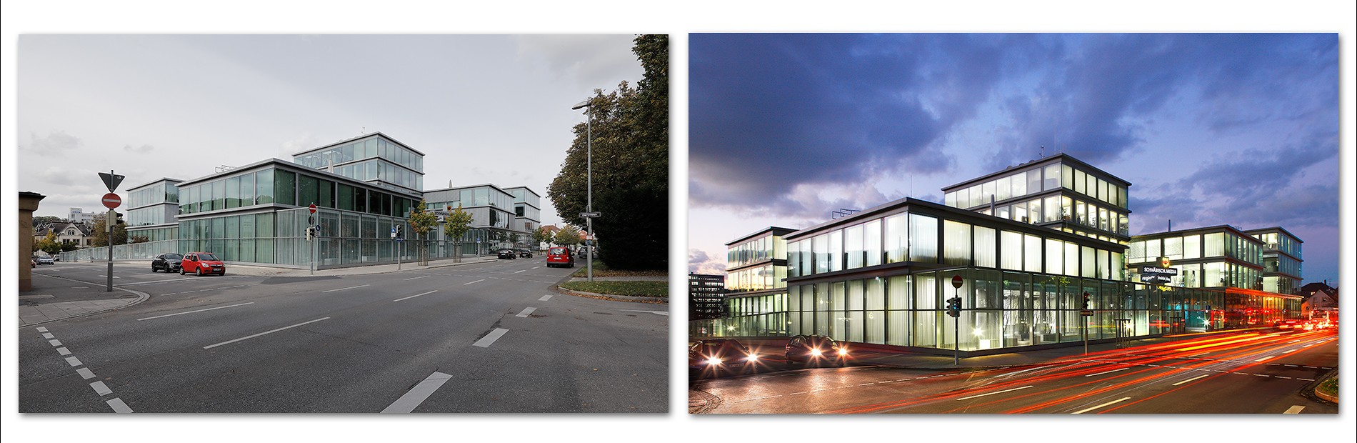 Zwei Ansichten eines modernen, gläsernen Gebäudes. Die linke Seite zeigt das Gebäude bei Tageslicht, während die rechte Seite einen nächtlichen Blick mit Beleuchtung zeigt. Beide Seiten zeigen die architektonische Gestaltung und die umgebenden Straßen.